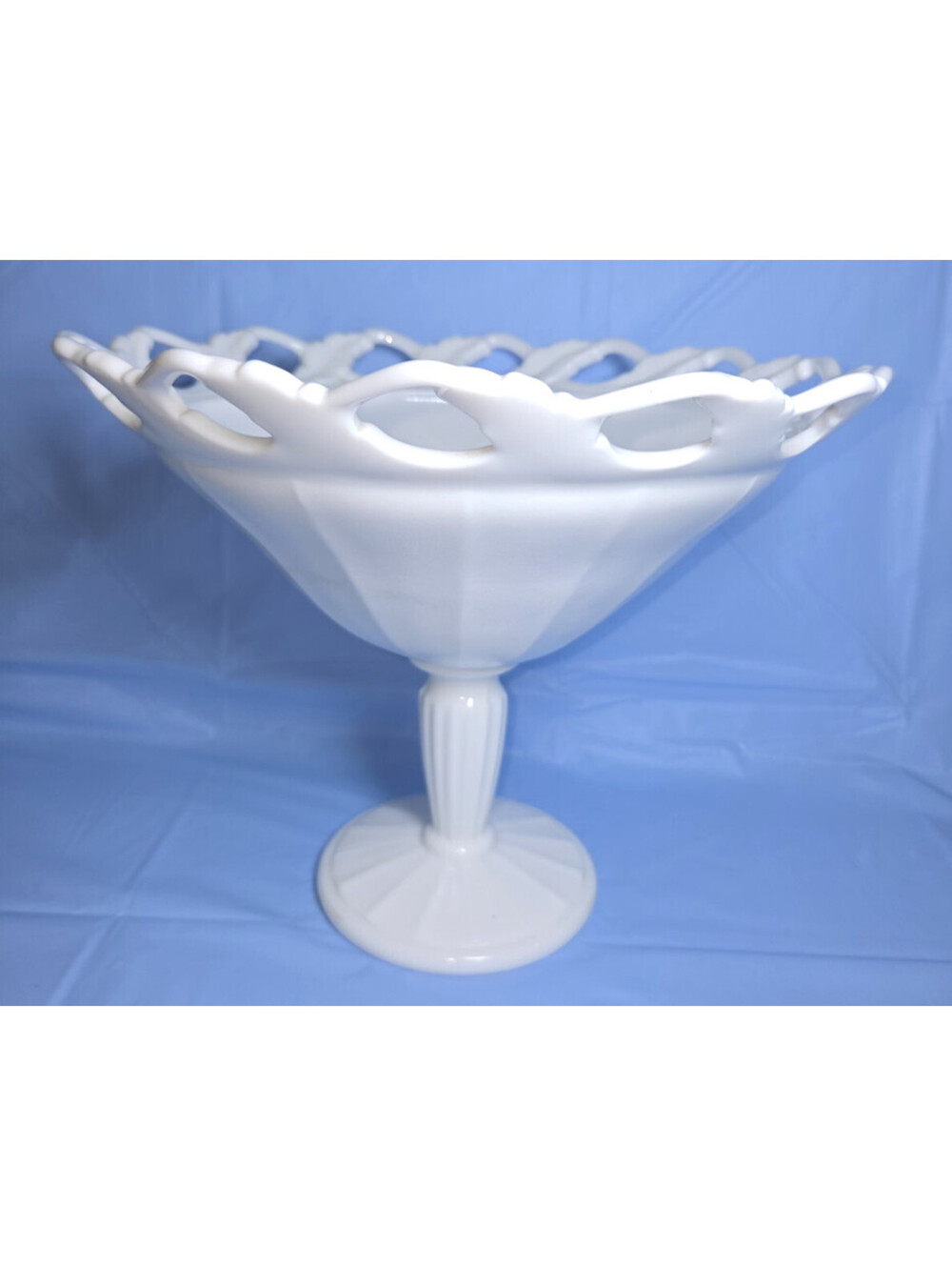 Vintage Imperial Footed Pedestal Milk Glass Compote Lace Edge Diamond Point